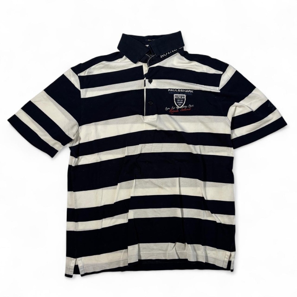 Navy & White Paul & Shark Striped Polo Shirt - M
